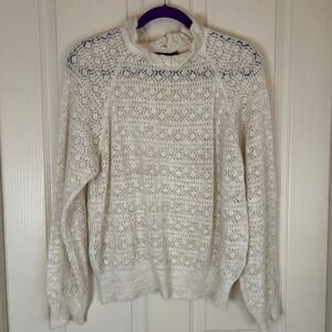 Mango MNG Cream White Lace Mock Neck Long Sleeve Sweater Knit Top Women's Size M